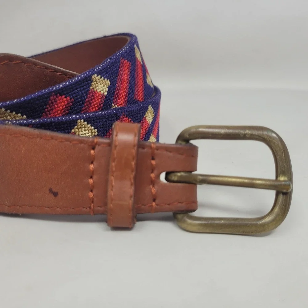 Smathers & Branson Belt 42 Blue Red Shotshells Needlepoint Leather Brass Buckle